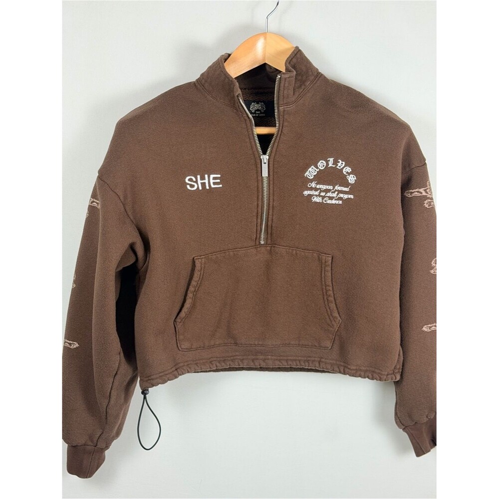 Darc Sport Cropped Half Zip XS Brown Wolves Graphic Limited Mock Neck